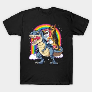 German Shepherd Unicorn Riding Dinosaur Rainbow T-Shirt